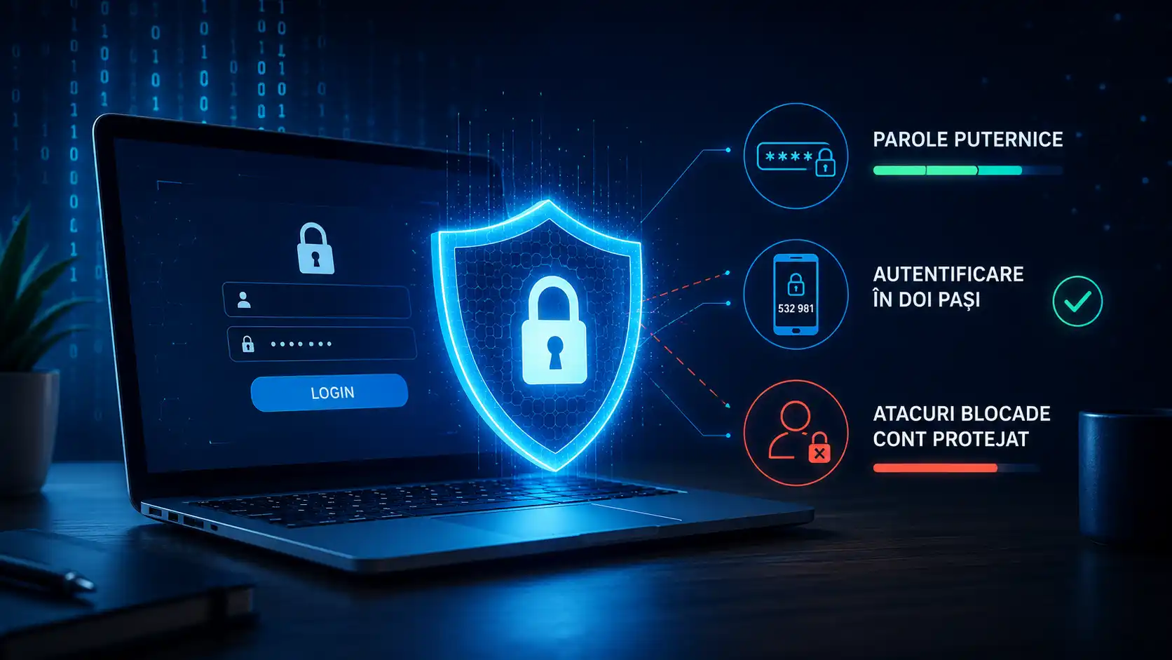 Laptop cu ecran de login protejat de un scut digital, cu simboluri pentru parole, MFA și blocarea încercărilor de autentificare.