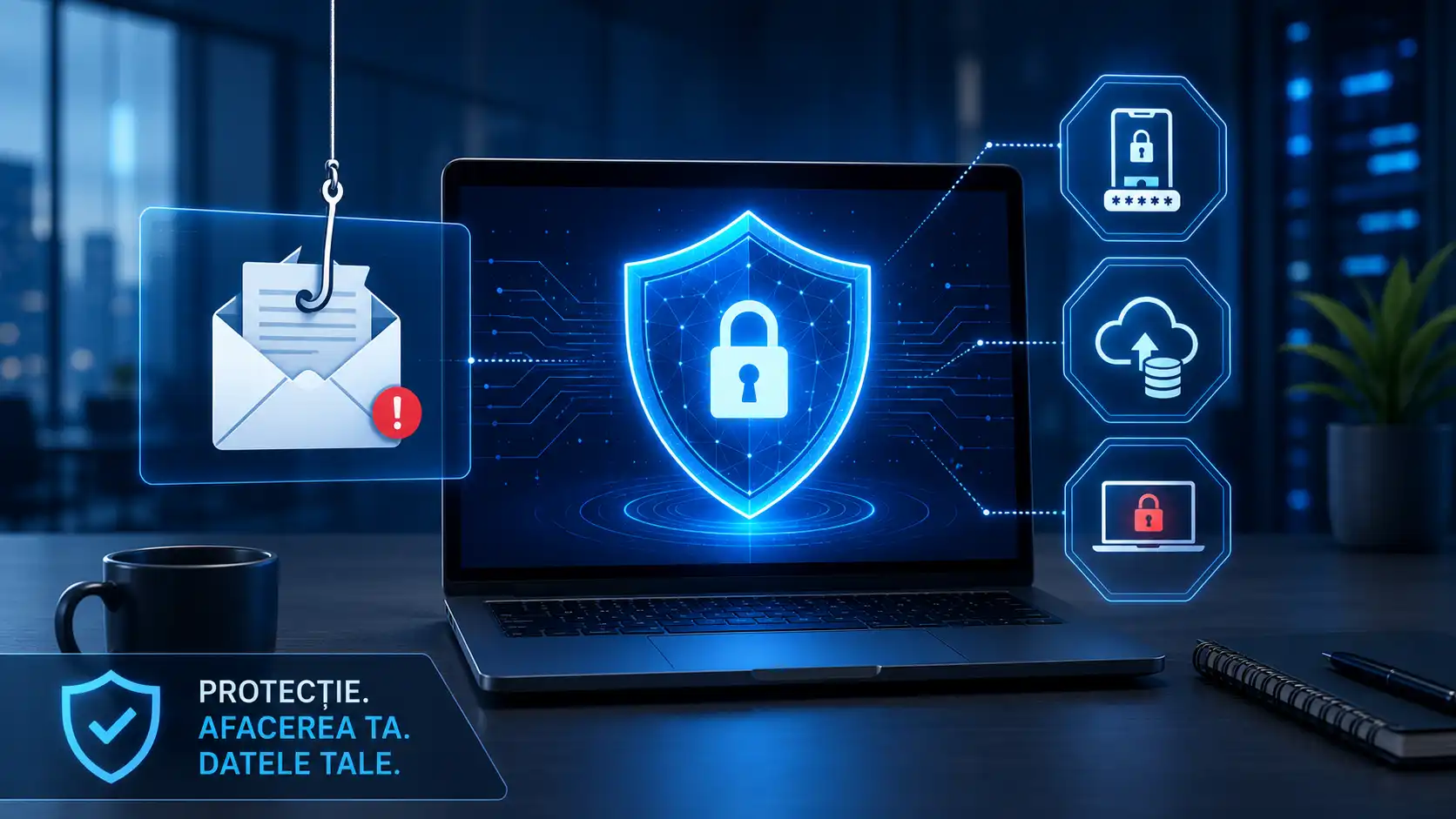 Laptop protejat de un scut digital împotriva atacurilor cibernetice asupra firmelor, cu simboluri pentru phishing, MFA, backup și ransomware.