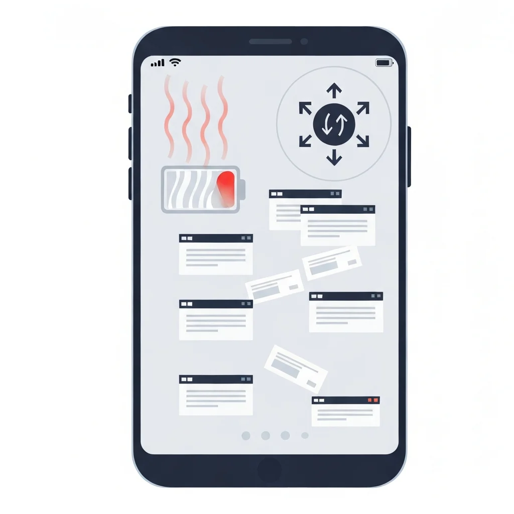 A professional, modern flat illustration depicting a smartphone screen with multiple visual indicators of a virus infection. The screen shows a rapidly draining battery icon, subtle heat waves rising from the top edge, and a series of small, intrusive pop-up windows appearing erratically across the interface. Additionally, a stylized network icon in the corner shows unusual, active data transfer with arrows pointing outwards, signifying unexpected data traffic. The phone's background or bezel remains clean and contemporary, highlighting the digital distress on the screen.