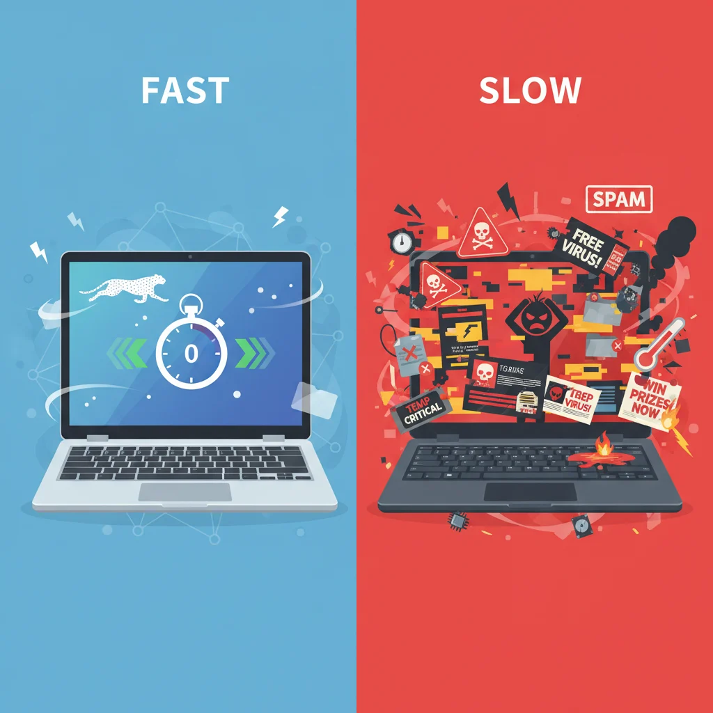 A split-screen illustration showing the contrast between a healthy, fast-performing laptop on one side and a slow, glitching, and frustrated user's laptop on the other, with red warning signs, pop-up ads, and corrupted file icons swirling around the infected device. Use a modern, flat illustration style with clear visual metaphors for 'fast' and 'slow' performance.