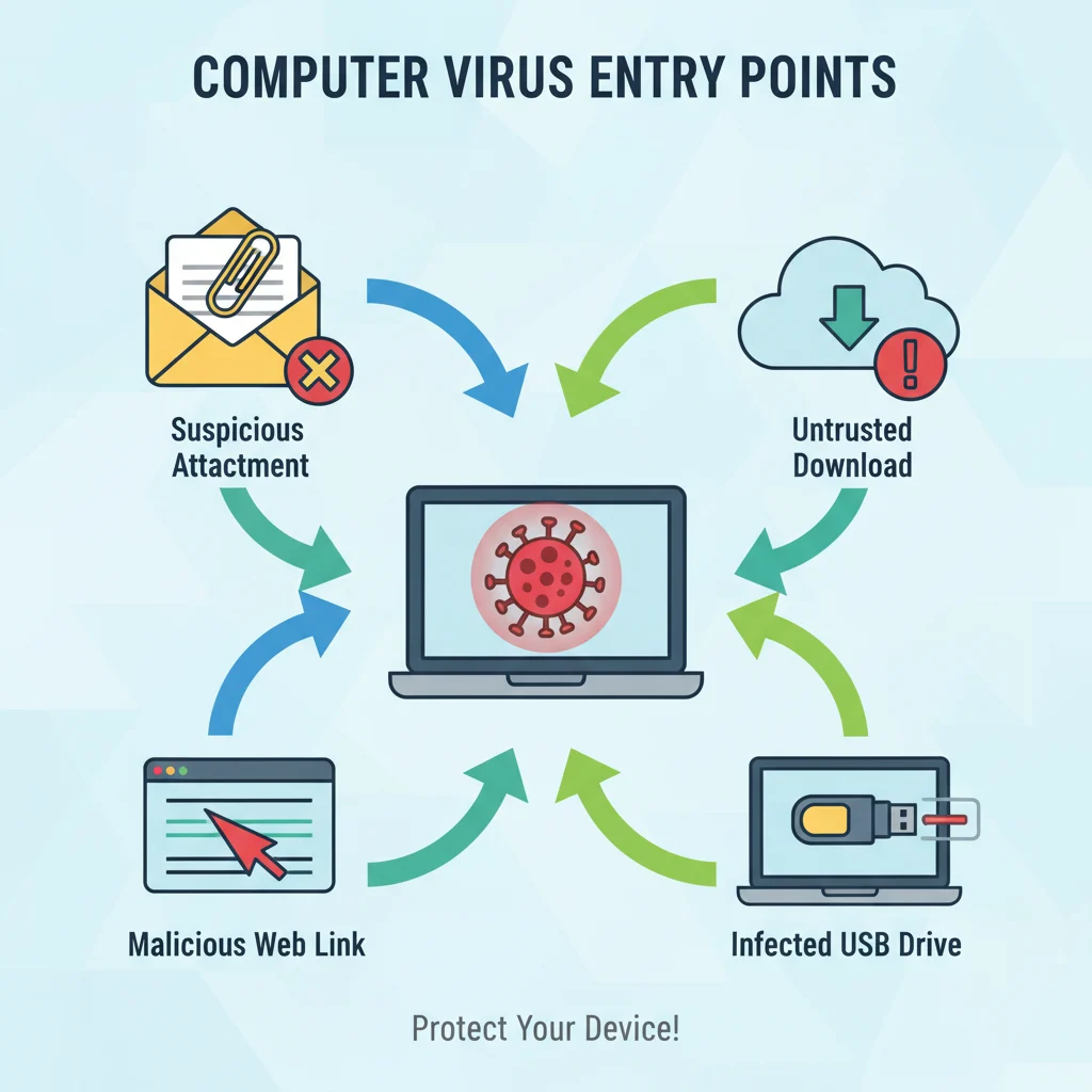 An infographic-style illustration depicting the various entry points for a computer virus into a laptop. Show a central laptop icon, with arrows pointing to it from smaller icons representing: an open email with a suspicious attachment, a download icon from an untrusted website, a click on a dubious web link, and a USB stick being inserted. Use a clean, professional vector art style with a limited color palette.