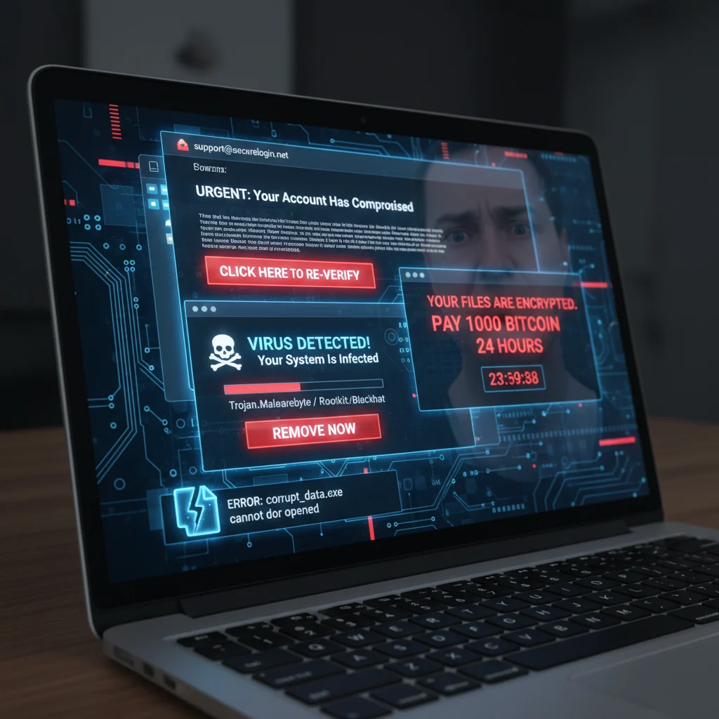 A detailed close-up professional photo of a laptop screen displaying a range of digital threats. The screen should show various malicious elements like a phishing email, a fake antivirus pop-up, a ransom demand window, and a corrupt file error message, all overlaid or intertwined. The overall mood should be slightly alarming but clearly digital, emphasizing the abstract nature of cyber threats. Include subtle reflections of a worried user's face in the screen.