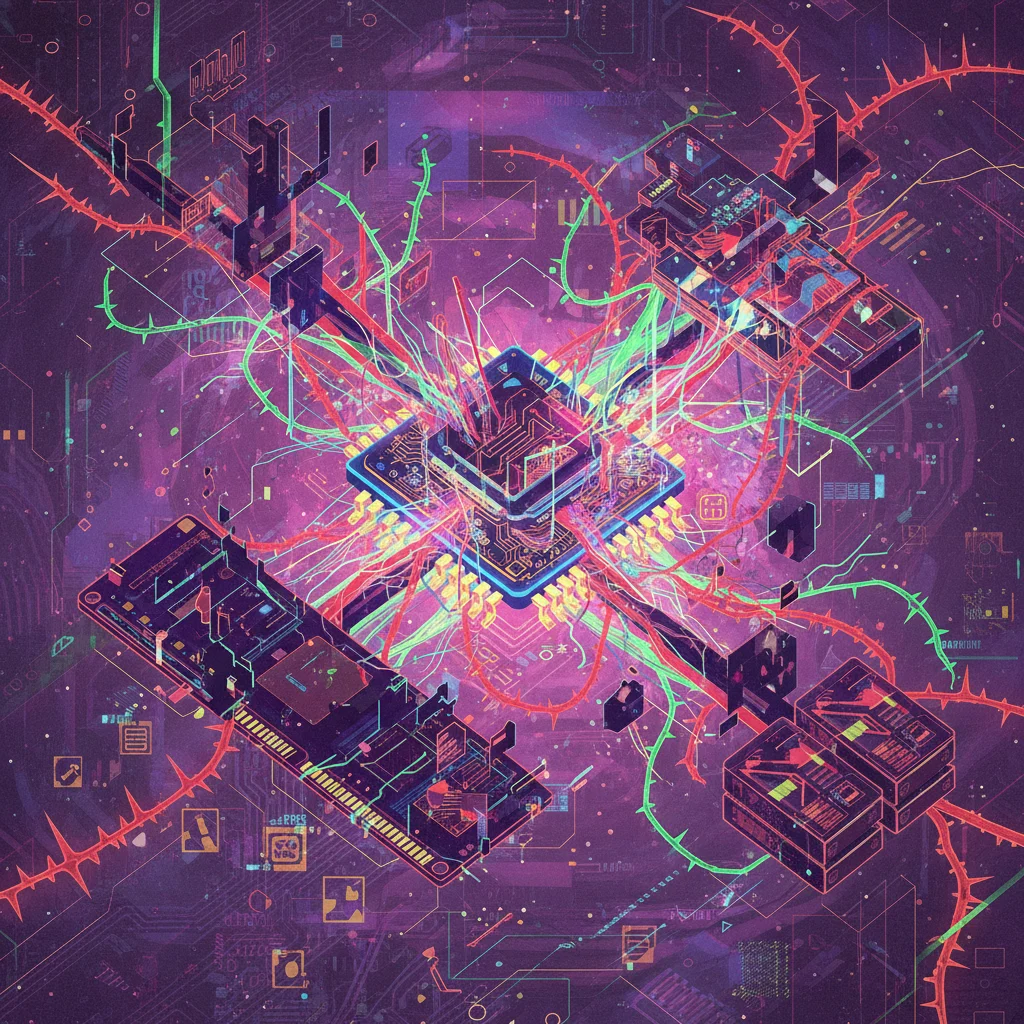 An abstract visual metaphor illustrating 'What is a Computer Virus'. Show a glowing, complex, and somewhat sinister-looking digital entity (the virus) replicating and spreading like tendrils from one abstract computer component (represent CPU, RAM, storage) to another, causing digital distortions and broken file icons in its wake. Use vibrant, digital art style with glowing lines and geometric shapes.