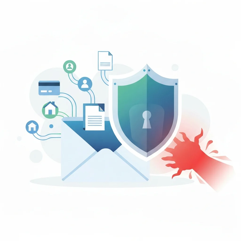 A stylized, flat illustration depicting a digital shield or padlock icon prominently superimposed over an open email inbox icon. Around the inbox, various smaller, abstract icons representing personal data (e.g., credit card, document, user profile, a small house for personal life, a small building for business) are depicted as digital streams flowing towards it, signifying sensitive information. A shadowy, abstract, slightly menacing digital 'hand' or 'bug' is subtly attempting to probe or sneak past the shield/padlock towards the inbox. The overall color palette should be clean, modern, and slightly alarming, combining blues and greens for security with a hint of red or orange for danger, conveying both protection and an underlying threat.