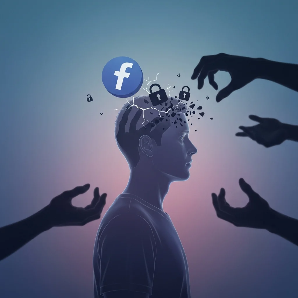 A person's digital profile, represented by a faint, translucent silhouette, looking distressed. Around their head, a stylized, partially cracked Facebook logo hovers, with digital lock icons fragmenting. Abstract, dark, shadowy hands or digital tentacles reach into the silhouette from the periphery, symbolizing unauthorized access and data theft from personal information. The background is a gradient of muted blues and purples, suggesting a vulnerable cyber environment. The overall mood is one of digital vulnerability and intrusion. Style: Modern digital art illustration with a slightly dramatic, cinematic feel.