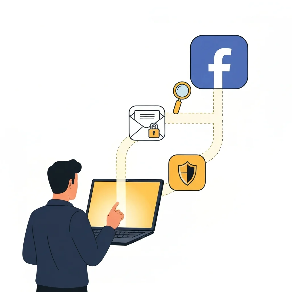 A clear, step-by-step visual representation of a digital recovery process. In the foreground, a determined individual, facing away, is shown interacting with a glowing laptop screen. From the screen, a winding, illuminated digital pathway extends forward, broken into three distinct segments, each featuring a different abstract icon: a magnifying glass (for identification), an email envelope with a lock (for verification), and a shield (for securing). The pathway leads towards a fully restored, vibrant Facebook-like icon. The background is clean and bright, suggesting a secure, user-friendly interface. Style: Flat illustration with a clear, infographic sensibility, using bold lines and bright, reassuring colors.