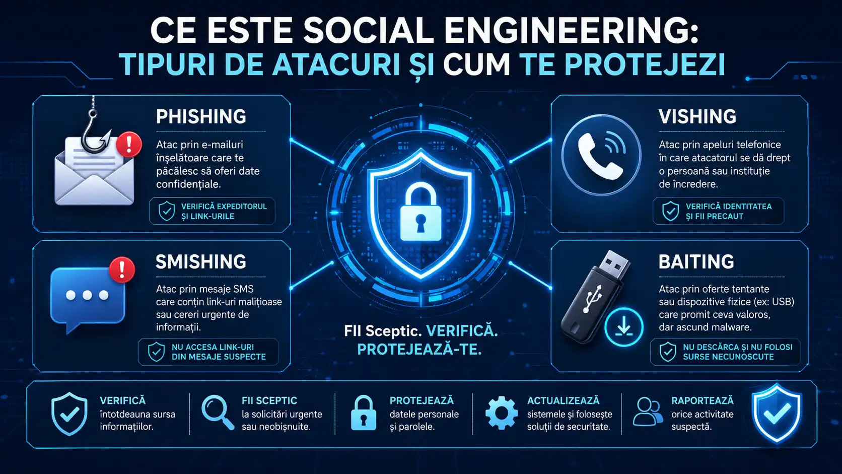 Diagramă despre social engineering cu tipuri de atacuri precum phishing, vishing, smishing și baiting.