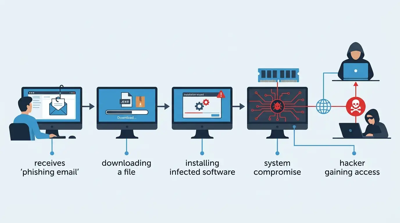diagrama proces infectare trojan malware prin email phishing si software infectat