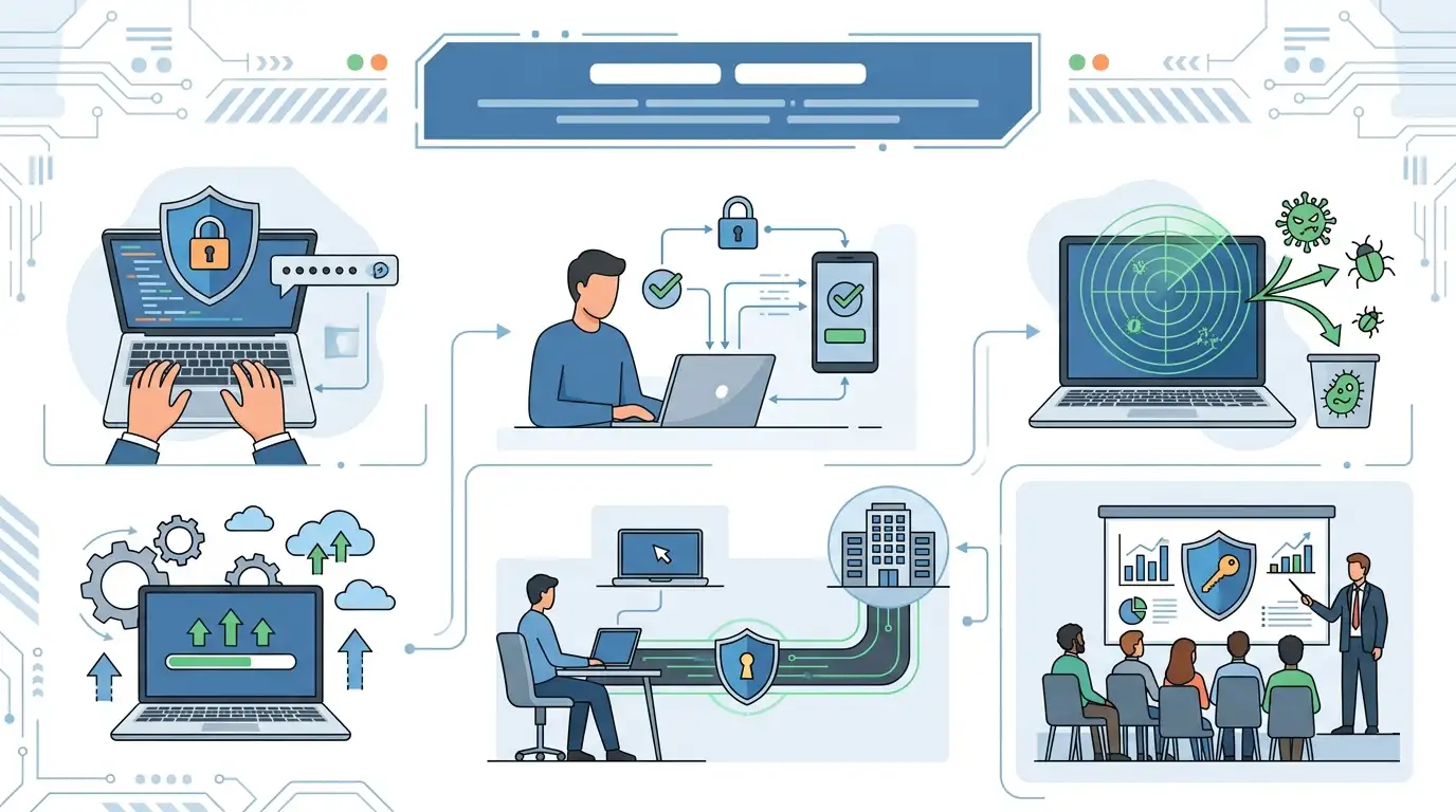 diagrama masuri securizare laptopuri angajati mfa antivirus update acces remote securizat