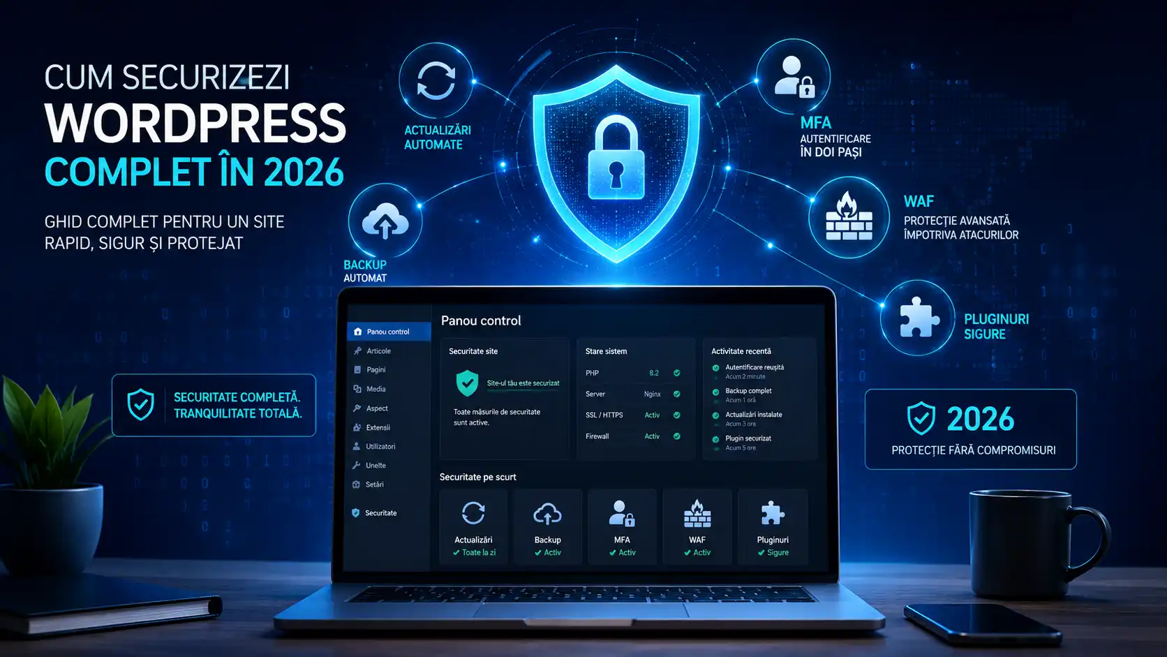 Laptop cu panou WordPress protejat de un scut digital, cu simboluri pentru update-uri, backup, MFA, WAF și pluginuri securizate.