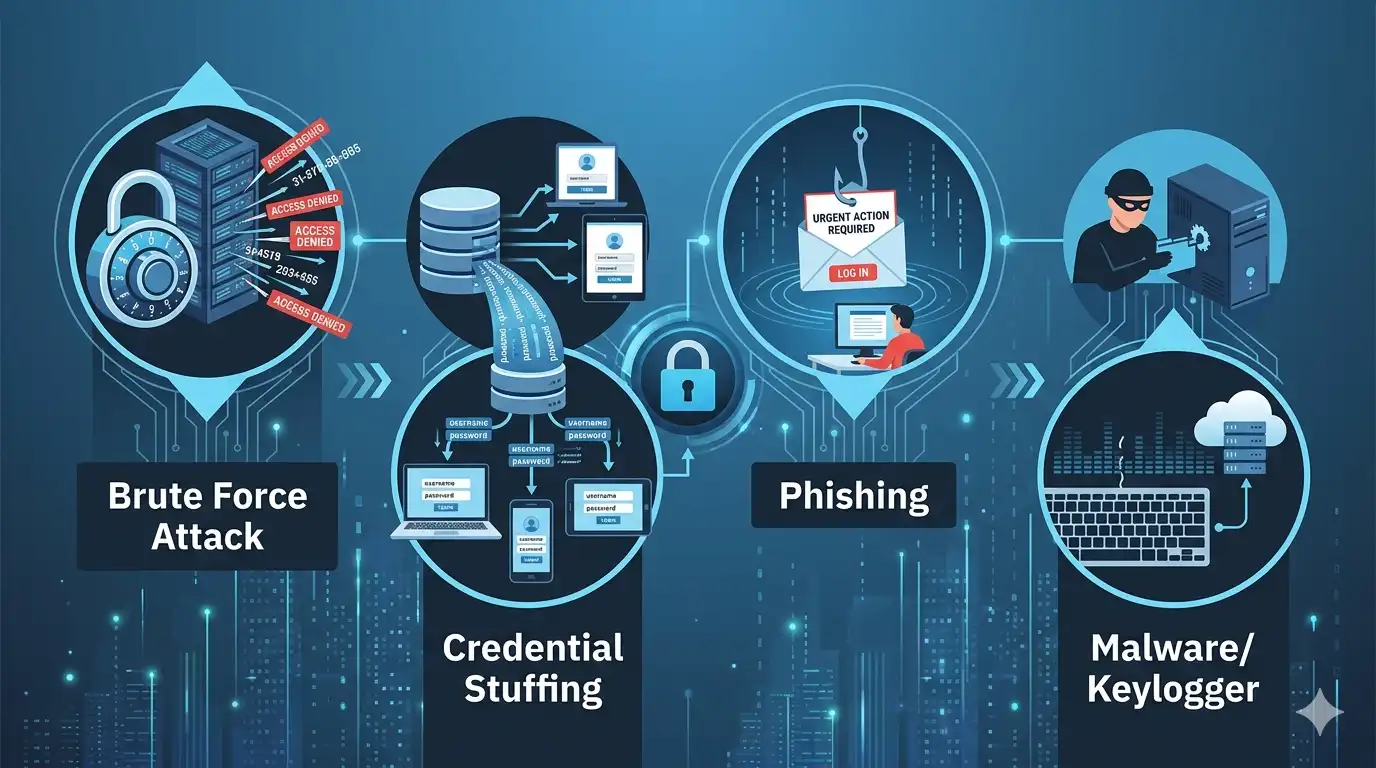 diagrama cu principalele metode de atac asupra parolelor inclusiv brute force credential stuffing phishing si malware