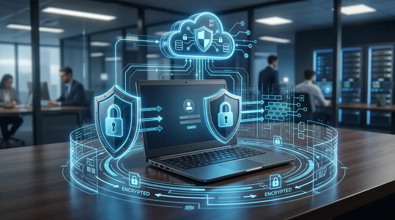 ilustratie securizare laptop angajati cu protectie antivirus criptare si control acces