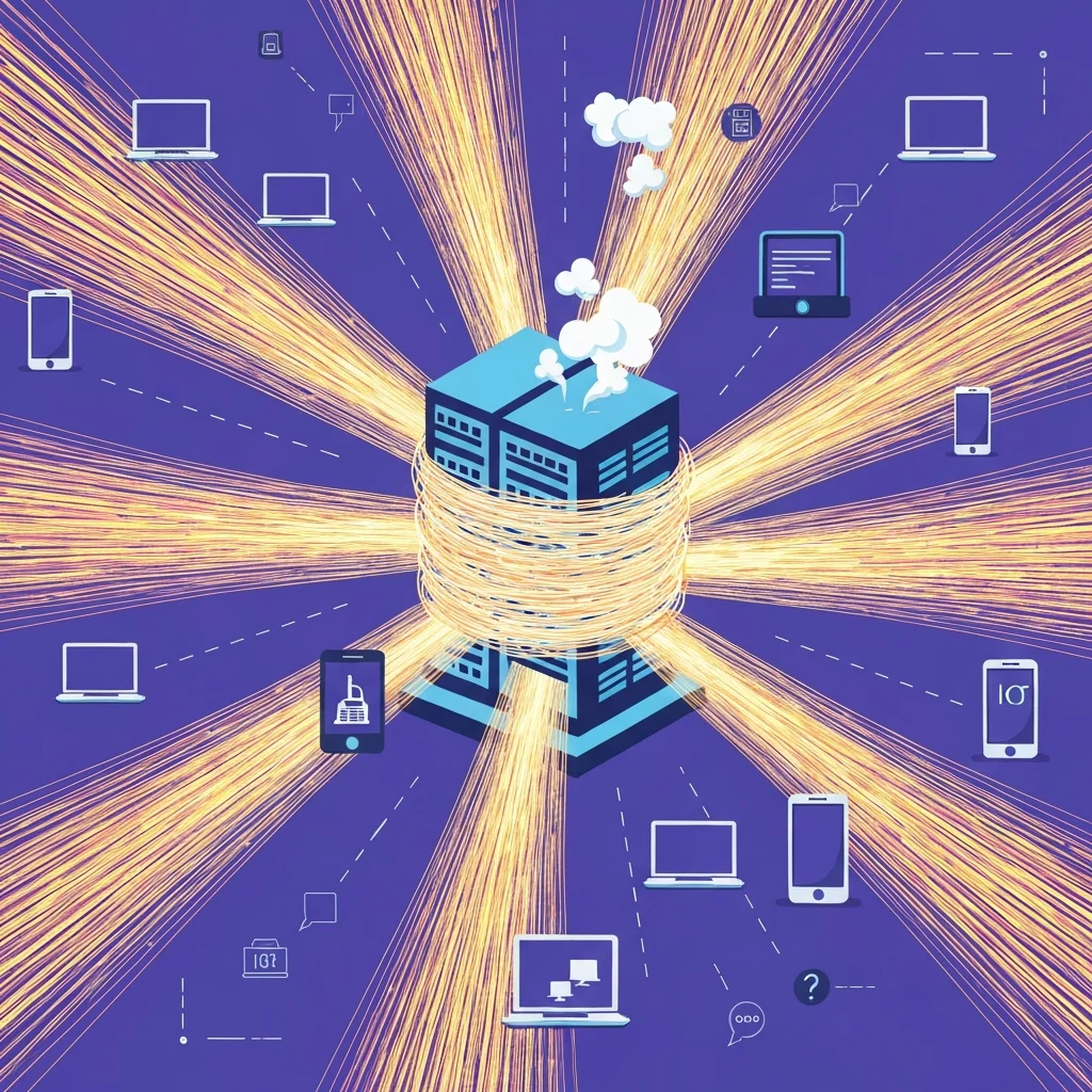 A vibrant, flat illustration depicting the concept of a Distributed Denial of Service (DDoS) attack. In the center, a stylized server rack or a data center building is visibly struggling, emitting smoke or 'overload' symbols. Numerous smaller, distinct icons representing various devices like laptops, smartphones, and IoT devices are scattered around the periphery, all simultaneously directing thick, overwhelming streams of data (represented by bright, numerous arrows or light trails) towards the central server. These malicious streams completely choke off thinner, legitimate data streams trying to reach the server, illustrating the 'denial of service' and the 'distributed' nature. The overall impression is one of chaotic, overwhelming congestion caused by a multitude of sources.