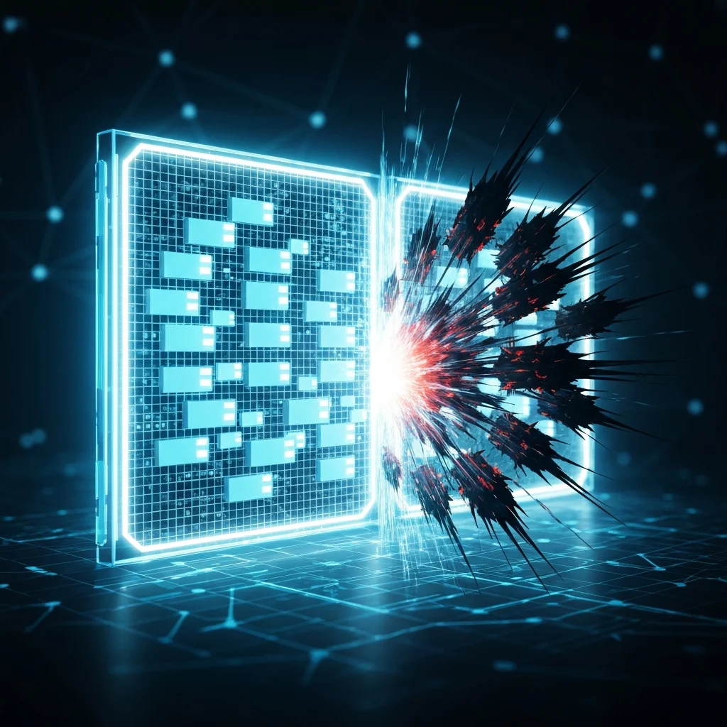 A sleek, futuristic digital illustration depicting a firewall as an impenetrable, glowing barrier safeguarding a network. On one side, a vibrant flow of legitimate data packets, represented by smooth, organized geometric shapes, passes through controlled openings in the firewall. On the other side, menacing, spiky, and shadowy data packets, symbolizing cyber threats like malware and hacking attempts, are clearly blocked and repelled by the energy field of the firewall, creating a stark visual contrast between security and danger. The background should subtly hint at interconnected digital networks, emphasizing protection.