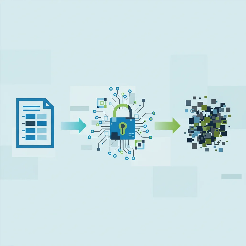 A flat illustration depicting the data encryption process. On the left, a clear, legible digital document icon or a stack of organized data blocks, representing plaintext. An arrow points towards a central, abstract mechanism resembling a digital lock or a complex circuit board with intertwined lines and a small, stylized key symbol. From this mechanism, an arrow points to the right, where the data is now represented as jumbled, chaotic, or pixelated blocks, visually indecipherable and secure. The overall style is clean, modern, and uses a professional color palette with blues, greens, and grays, emphasizing clarity and security.