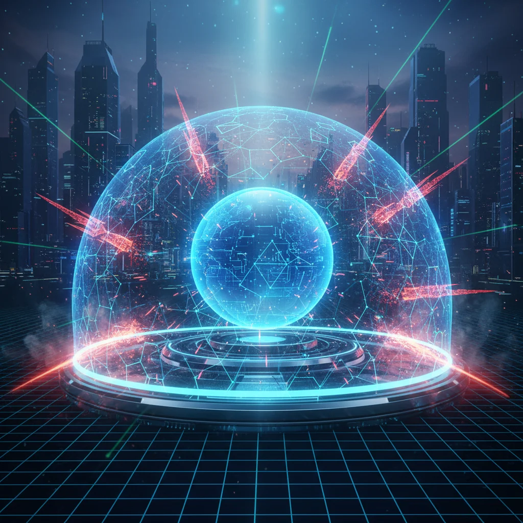 A vivid digital art illustration showcasing robust data protection in a futuristic setting. A glowing, translucent globe or a secure server rack stands centrally, embodying sensitive digital information. Surrounding it is a powerful, dynamic energy shield, depicted with intricate digital patterns and subtle light effects, symbolizing strong encryption. Abstract, shadowy figures or jagged, red digital spikes representing cyber threats are visible attempting to penetrate the shield, but are clearly deflected and unable to pass through. The overall mood is secure and advanced, with a cyber-security aesthetic and volumetric lighting.