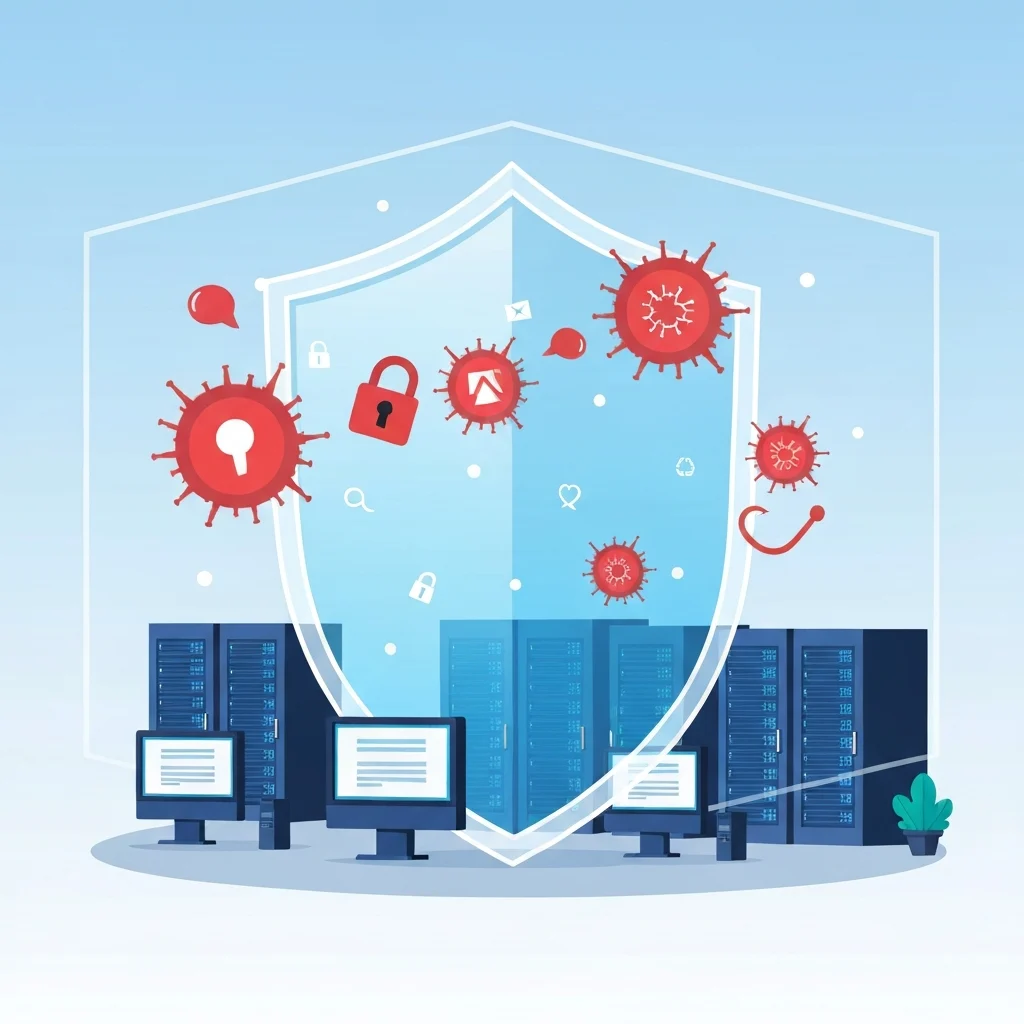 A modern, clean flat illustration depicting a secure business environment. In the foreground, several stylized office workstations and server racks are present. A strong, transparent digital shield, possibly glowing with protective blue or green light, envelops the entire business infrastructure. Outside this shield, various abstract, menacing digital threats like stylized red malware icons, ransomware locks, and phishing hooks are shown attempting to penetrate, but are visibly deflected by the protective barrier. The overall impression is one of robust, proactive cybersecurity. Professional, clean vector art style.