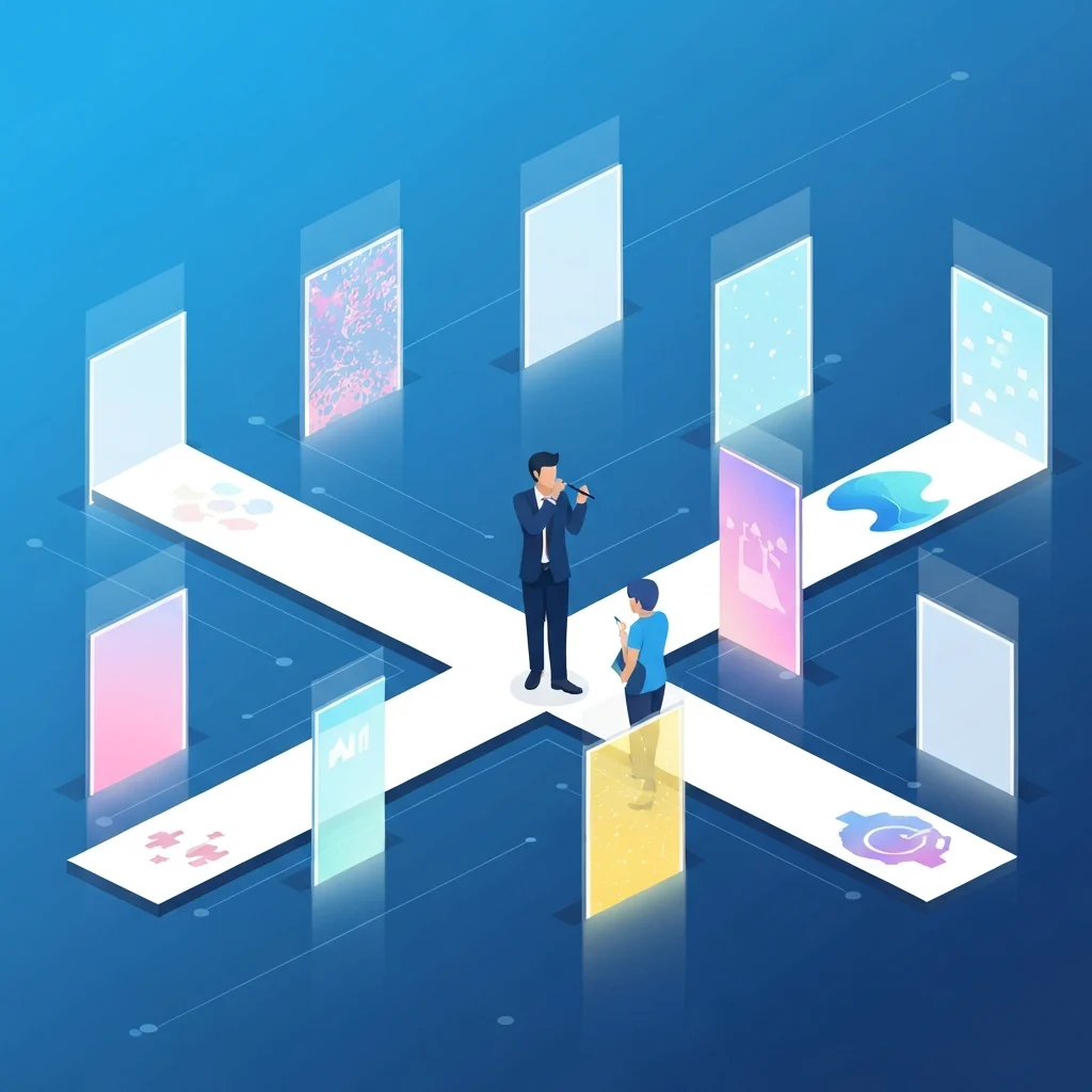 An isometric or clean vector illustration showing a business professional, perhaps an executive, standing at a crossroads or a decision point. They are surrounded by multiple glowing, distinct pathways or doorways, each representing a different antivirus solution, perhaps with unique abstract patterns or colors. The professional looks contemplative, holding a stylus or tablet, suggesting analysis. The background implies a digital, interconnected world, perhaps with subtle data streams. The scene conveys the complexity and importance of choosing the right security solution for a company. Bright, professional, and slightly futuristic aesthetic.