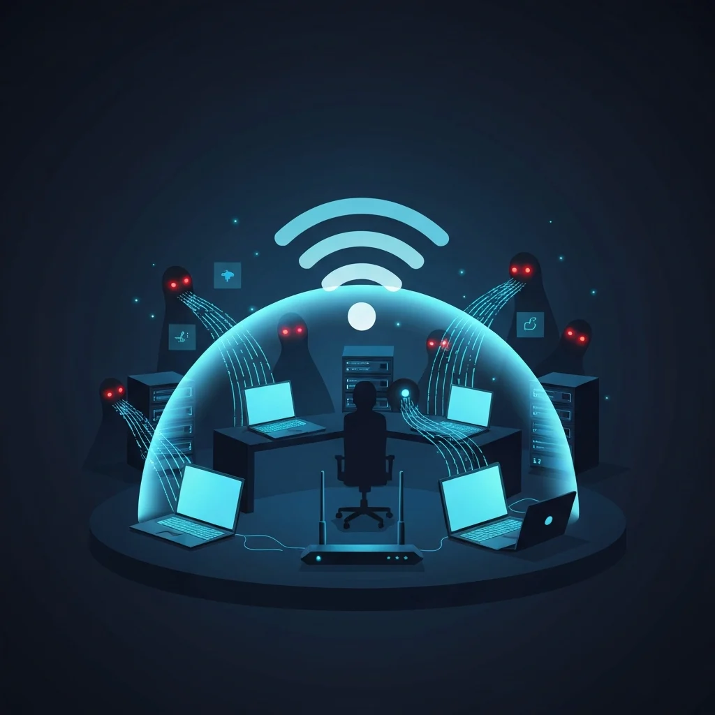 A modern, clean flat illustration depicting a corporate office setting at night. A visible, glowing WiFi signal emanates from a sleek router, forming an open, unshielded dome over the office. Around and within this dome, abstract, shadowy figures or digital entities with glowing red eyes are actively siphoning streams of data, represented by glowing blue lines, from laptops and servers. The scene conveys a sense of vulnerability and unseen threats, emphasizing the exposed nature of an unsecured network. The color palette should be muted, with stark contrasts for the glowing elements.