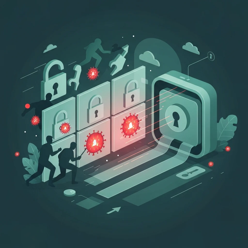A dynamic, abstract illustration depicting a digital landscape under threat. On one side, various menacing, stylized digital 'threats' (like shadowy figures, lockpicking tools, or glowing red malware icons) are attempting to breach a firewall or a series of vulnerable digital locks. On the other side, a secure, futuristic vault or a digital shield, representing a business password manager, stands firm, deflecting these threats. Secure data streams or digital pathways flow securely into and from the vault. The overall mood should be urgent yet hopeful. Style: Modern flat illustration with subtle gradients and a sense of depth, using a professional color palette of greens/blues for security and reds/oranges for threats.