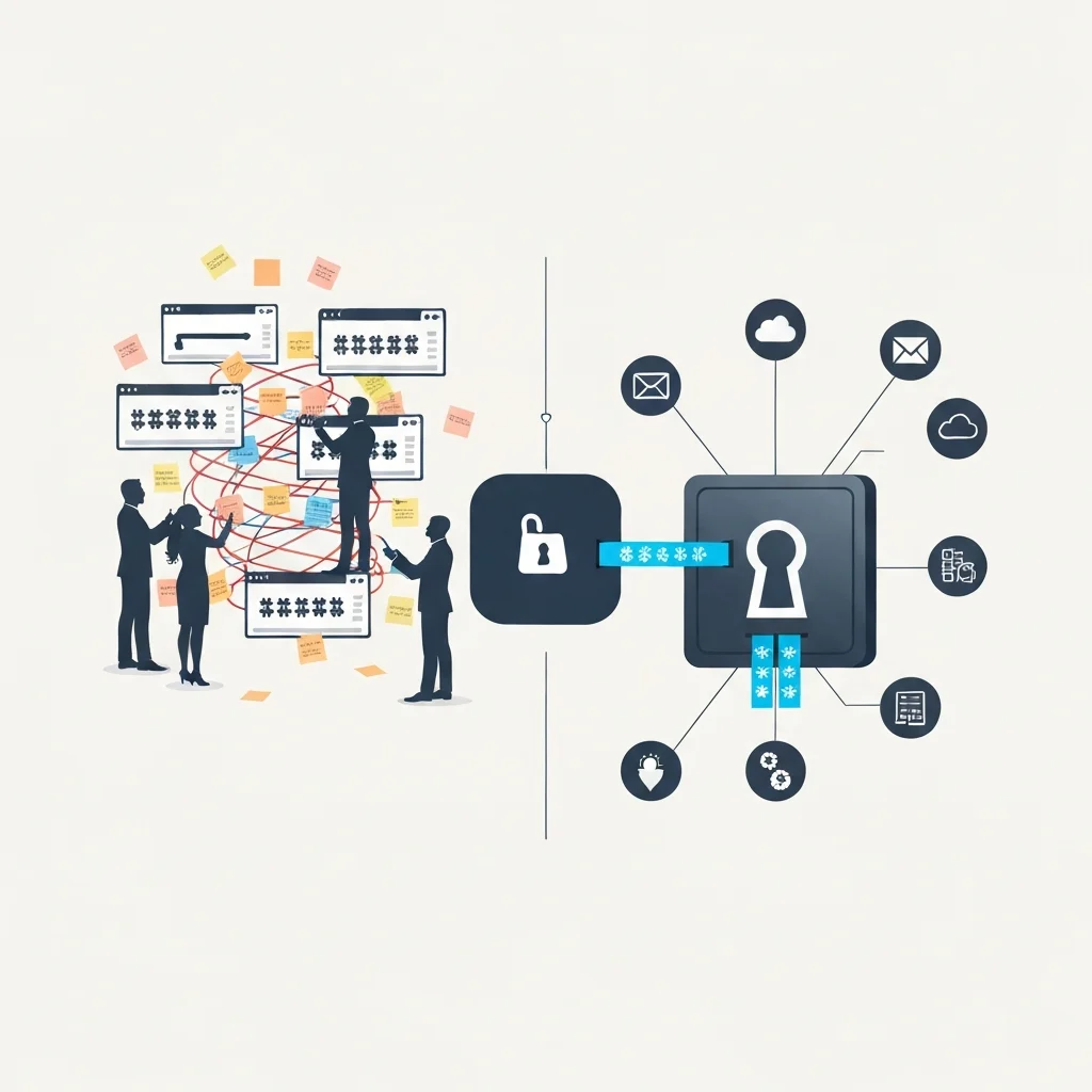 An infographic-style illustration showcasing the evolution from chaotic password management to organized security within a business context. On the left, several generic business users (diverse, gender-neutral silhouettes) are depicted interacting with a tangle of physical sticky notes, various login screens with simple, vulnerable password representations. This chaotic scene transitions towards the right, where a sleek, stylized 'digital vault' or 'keyhole' icon, representing a business password manager, seamlessly connects to multiple secure applications (generic icons for email, cloud storage, CRM, etc.). Strong, complex password symbols are shown flowing automatically and securely from the central vault into these applications. Style: Clean, professional infographic style with clear visual divisions and a muted color palette with pops of bright blue/green for the secure elements.