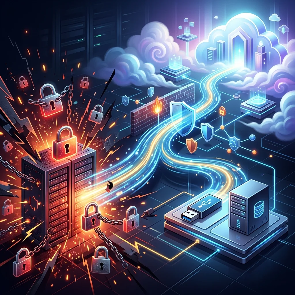 A dynamic digital art illustration showcasing data protection against modern cyber threats. In the foreground, a local corporate network or server is shown under abstract attack, with digital 'ransomware' lock icons and jagged lines threatening it. Simultaneously, the 3-2-1 backup strategy is visually represented as a protective force. Data flows from the threatened system to two local backup points (e.g., a flash drive and a small server), and crucially, a robust, isolated data stream travels safely to a distant, serene cloud environment, signifying secure offsite recovery. The visual should convey urgency and ultimate safety.