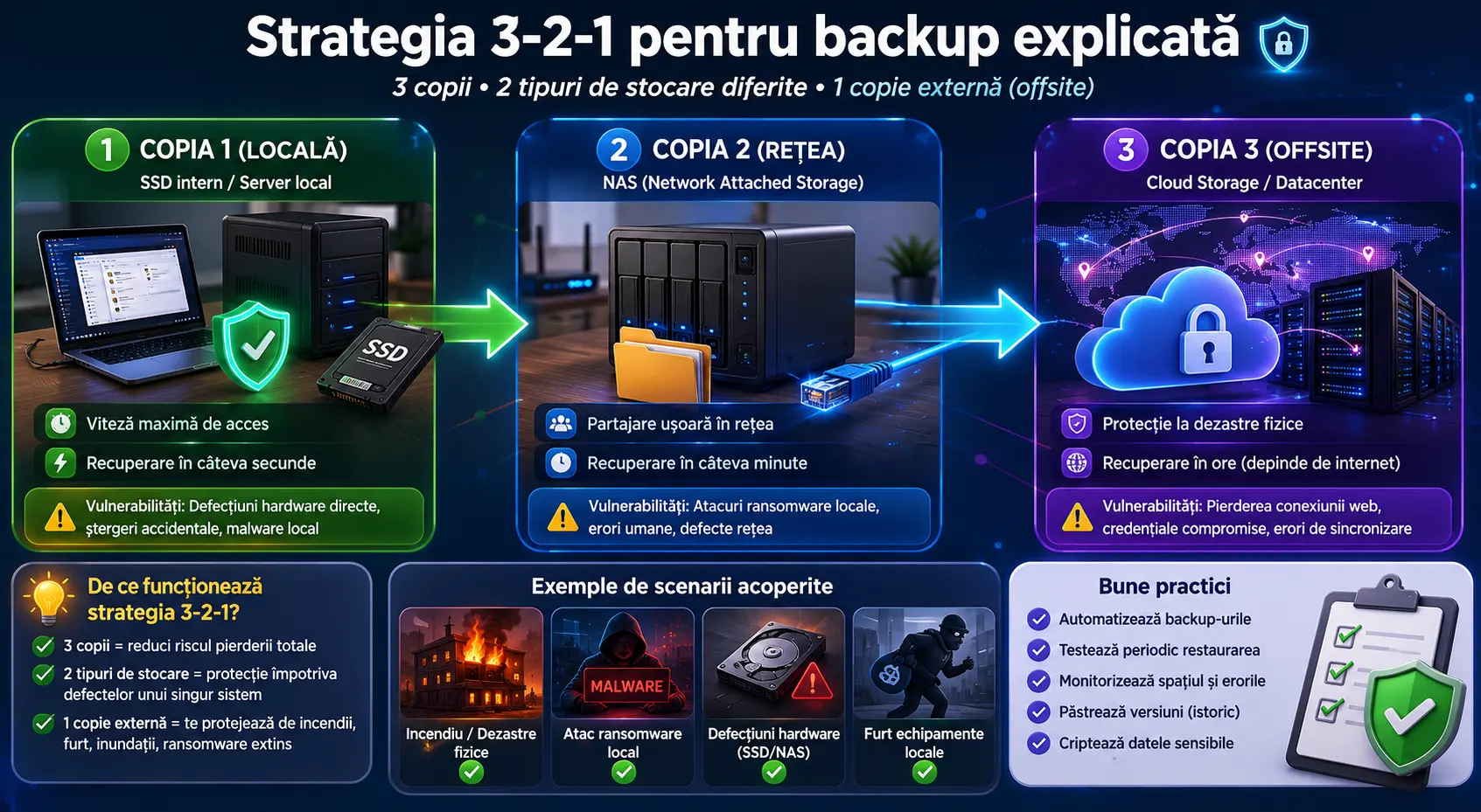 Infografic educativ despre strategia 3-2-1 pentru backup, cu copie locală, copie în rețea și copie offsite în cloud sau datacenter.