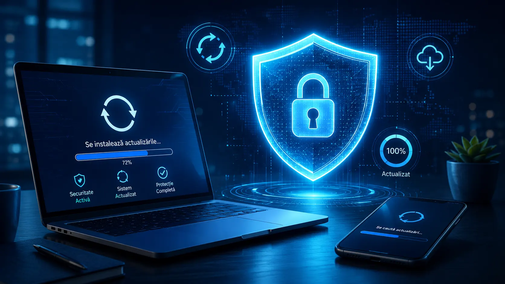 Laptop și telefon protejate de un scut digital în timpul unui update de securitate.