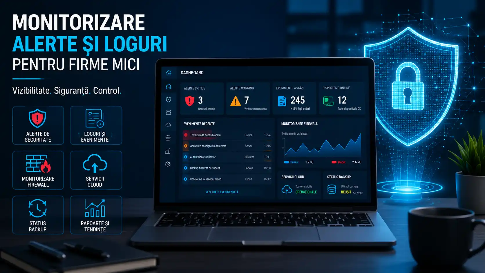 Laptop cu dashboard de alerte și loguri, monitorizare firewall, cloud, backup și scut digital pentru firme mici.