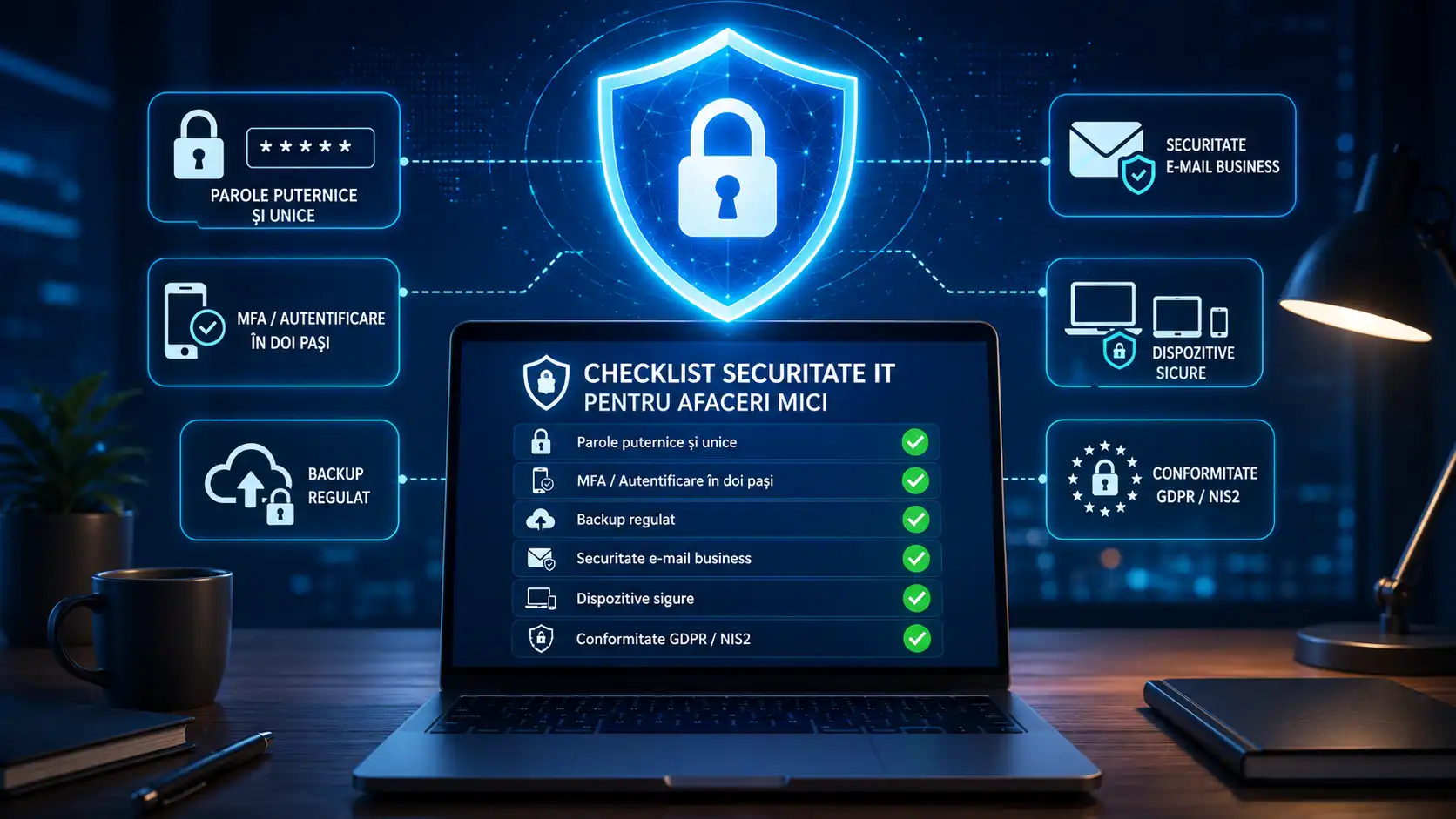Laptop cu checklist de politici minime de securitate IT pentru firme mici, parole, MFA, backup și protecția datelor.