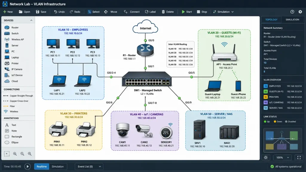 Diagramă de rețea cu VLAN-uri pentru firme mici, separând angajații, invitații, imprimantele, IoT și serverele. Diagramă de rețea cu VLAN-uri pentru firme mici, separând angajații, invitații, imprimantele, IoT și serverele.