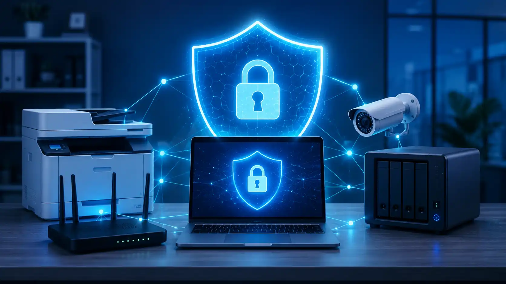 Imprimantă, cameră IP și NAS protejate de un scut digital într-o rețea de firmă.